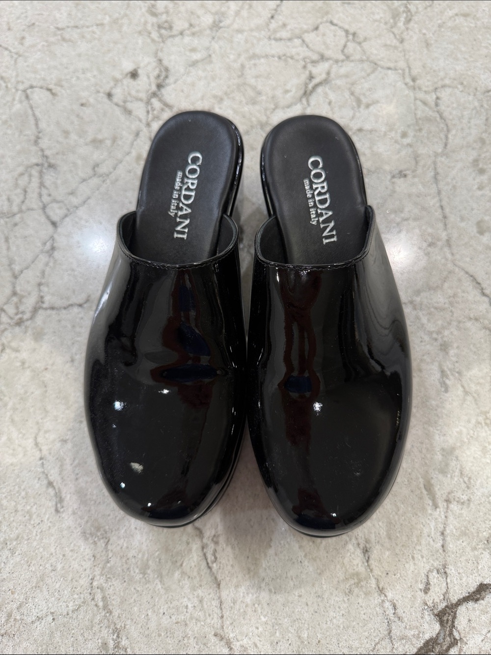 Cordani Black Patent Slip-On Mules for Women